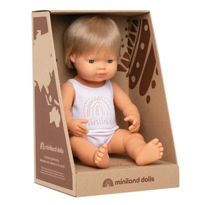 Miniland Dolls Role Play|Dolls^Caucasian Dark Blonde Anatomically Correct Boy Doll - Dressed 38cm