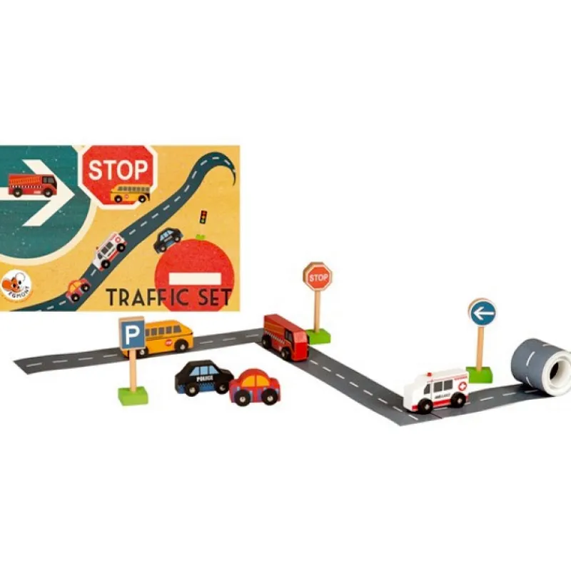 Egmont Toys Wooden Vehicles|Vehicles / Cars / Trucks^Wooden Traffic Set with Road Tape